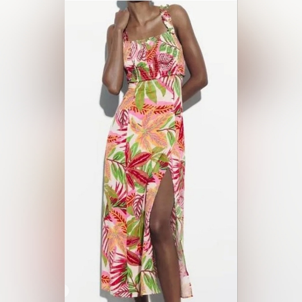 Zara Tropical Floral Maxi Dress in Pink, Green, Red